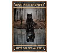 Panneau en métal vintage avec motif chat noir « What Matters Most is How You See Yourself » - Décoration murale amusante pour la maison, la ferme, le garage, le club, le bar, la cuisine, le pub