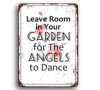 Panneau en métal vintage « Leave Room In Your Garden For The Angels To Dance » - Décoration murale amusante pour jardin, cour, club, extérieur et intérieur - 20,3 x 30,5 cm