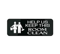 Panneau en plastique acrylique avec symboles « Help Us Keep This Room Clean » - 22,9 x 7,6 cm - Autocollant - Pour restaurant, salon, hôtel, motel, toilettes publiques