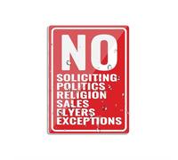 Panneau en plastique acrylique « No Soliciting No Politics No Religion No Sales No Flyers No Exceptions » Panneau mural ou de porte avec adhésif 15,2 x 20,3 cm Facile à installer et très visible