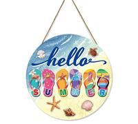 Panneau Étiquette Suspendue Ronde En Bois « Océan D'Ét頻 Avec Tongs, Décoration Murale Hawaïenne « Bonjour » Et Motif Tongs De Plage