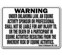 Panneau fantaisie Oklahoma Equine Sign Activity Responsabilité Avertissement Statute Horse Farm Grange Stable Yard Plaque décorative en étain 20,3 x 30,5 cm