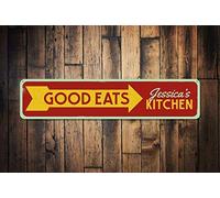 Panneau « Good Eats » personnalisable avec nom de cuisinier - Décoration de cuisine - Flèche - Créations alimentaires This Way - Panneau de chef en métal - Panneau de rue / panneau de métro - 10,2 x