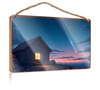 Panneau « Hello Winter » « Whispering Cabin Under The Shooting Star Sky » - Panneau en bois pour porche, automne, bureau, décoration (20 x 30 cm)