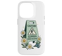 Panneau humoristique avec inscription « Caution Slippery When Reading » Coque pour iPhone 14 Pro