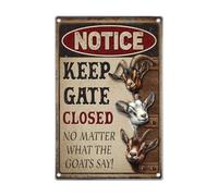 Panneau humoristique avec inscription « Keep Gate Closed No Matter What The Goats Say » - Décoration murale en métal pour agriculteur, extérieur, ferme, humour - 20,3 x 30,5 cm - Art vintage pour la