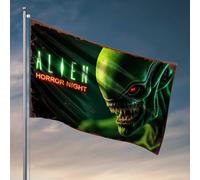 Panneau humoristique de cuisine avec inscription « Alien Horror Night : A Spine-Chilling Experience Await! » Drapeau vintage pour salle de bain ou bureau (120 x 180 cm)