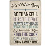 Panneau humoristique en aluminium avec inscription « Our Kitchen Rules Be Thankful Kiss The Cook Enjoy Family Time » - Cadeau pour maison, café, bar, décoration murale - Accessoires de porte de