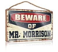 Panneau humoristique en bois « Beware of Mr. Morrison » - Décoration de chambre à coucher - Panneau de porte pour porte d'entrée extérieure (15 x 28 cm)