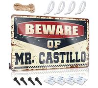 Panneau humoristique en étain avec inscription « Beware of Mr. Castillo » pour décoration de grotte de bureau (30 x 40 cm)