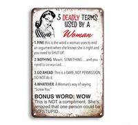 Panneau humoristique en fer blanc mettant en évidence 5 termes mortels utilisés par une femme pour améliorer votre espace de vie