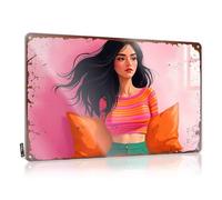 Panneau humoristique en métal avec inscription « Girl In Striped Top with Orange Pillows Against Pink Background » (20 x 30 cm)