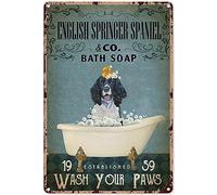 Panneau humoristique pour amoureux des chiens, épagneul Springer anglais, bain, lavage de vos pattes, affiche artistique rétro en métal, décoration murale intérieure et extérieure, maison, salle de ba
