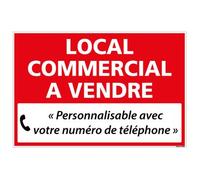 Panneau Immobilier Personnalisable Local Commercial à Vendre avec Oeillets aux 4 Coins - Rouge - Plastique Rigide AKILUX 3,5mm - Dimensions 600x400 mm - Protection Anti-UV
