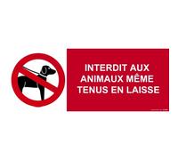 Panneau interdiction - Animaux interdits même en laisse 350 x 125 mm PVC 2 mm