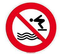 Panneau Interdit de plonger, plongeon interdit. Panneau interdiction piscine. Sticker, PVC ou Alu, au choix - Diamètre 350 mm - Adhésif - Adhésif -