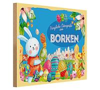 Panneau joyeux en bois | Joyeux vœux de Pâques en écorces | Décoration | 40 cm x 30 cm