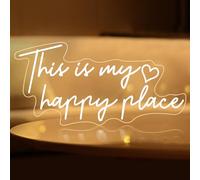 Panneau lumineux néon LED à intensité variable avec inscription « This is My Happy Place » - Blanc chaud - Décoration de chambre à coucher, salon, dortoir, fête de mariage - Panneau lumineux néon pour