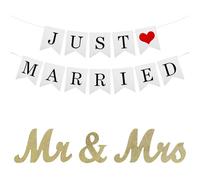 Panneau M. et Mme et Bannière Just Married, Paillettes Dorées Panneau de Table M. et Mme Lettres en Bois Mariage Décorations pour Fiançailles Anniversaire Mariage Accessoire Photo Décoration