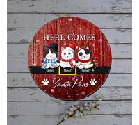 Panneau « Merry Christmas » en métal rond avec nom de chat « Here Comes Santa Paw » - Rouge - Décoration de Noël - Décoration de Noël - 30,5 cm