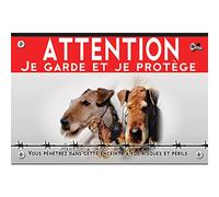 Panneau métal Attention au chien airedale terrier