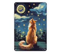 Panneau Métal Chat Nuit Étoilée Chat Tabby Orange Observant Les Étoiles Rétro Metal Signe Drôle Panneau En Aluminium Pour Club Garden Bureaux M