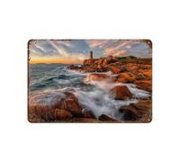 Panneau Métal Vintage，Côte Phares France Pierres Vagues Mer Bretagne，Fer Plaque Peinture Rétro Décoration Murale Art Mural à Suspendre pour Jardin Cour Maison Café Extérieur Club Bar(15x30cm）-648