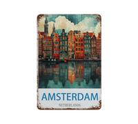 Panneau Métal Vintage,Poster vintage de voyage Amsterdam Pays-Bas,Fer Plaque Peinture Rétro Décoration Murale Art Mural à Suspendre pour Jardin Cour Maison Café Extérieur Club Bar(20x30cm)