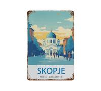 Panneau Métal Vintage，Skopje Poster de voyage vintage Macédoine du Nord，Fer Plaque Peinture Rétro Décoration Murale Art Mural à Suspendre pour Jardin Cour Maison Café Extérieur Club Bar(20x30cm）-J68