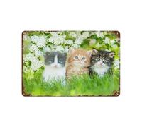 Panneau Métal Vintage,Trois Petits Chats Assis près de Fleurs Blanches,Décoration Murale Rétro Plaque Fer Décoration Murale à Suspendre Cadeau pour Salon,Maison,Cuisine,Bar,Café,Jardin,Pub(20x30cm)
