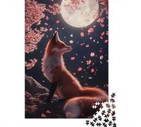 Panneau Métallique 52x38cm/1000pcs avec Fox Under The Moonlight with Cherryblossoms pour Le Salon, Décoration Murale Destinée À Le Salon, Le Coin Lecture Et L’entrée