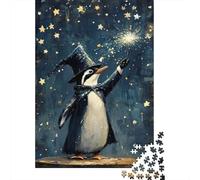 Panneau Métallique 70x50cm/1000pcs avec Penguin Wizard with Wand and Stars pour Le Pub Ou Le Café, Décoration Murale pour Une Ambiance Automnale