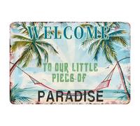 Panneau métallique « Bienvenue dans notre petit coin de paradis » - Décoration murale rétro en aluminium - 20 x 30 cm (8 x 12 pouces) - Idéal pour la maison, le jardin, la cour, le garage, le bar ou