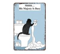 Panneau métallique décoratif pour salle de bain avec chat noir - Affiche rétro en aluminium « Chut… Sa Majesté est occupée » pour toilettes, affiches humoristiques avec chat et papier toilette, décor