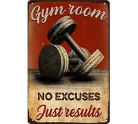 Panneau métallique en aluminium pour salle de gym No Excuses Just Results, vintage, exercice, entraînement, motivation, décoration murale rétro pour salle de sport, fitness, maison, salon, garage, hom