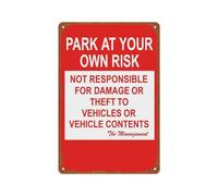 Panneau métallique original « Stationnement à vos risques et périls. Responsable des dommages ou du vol. » - Affiche décorative murale 20 x 30 cm (8 x 12 pouces) pour chambre, salon ou bar à café.