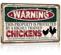 Panneau métallique vintage avec poules - Accessoires pour poulailler, décoration de cuisine de style campagnard - Attention : cette propriété est protégée par des poules - Panneau humoristique en mét