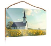 Panneau mural à suspendre « A Serene White Church with A Steeple Stands Amidst A Field of Yellow Flowers » - Panneau en bois - Décoration d'extérieur ou de terrasse (20 x 30 cm)