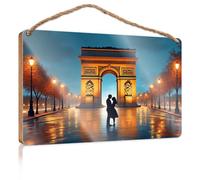 Panneau mural à suspendre avec inscription « A Couple Kissing Under The Arc de Triomphe at Night » - Décoration d'extérieur pour patio (20 x 30 cm)