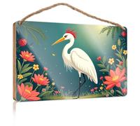 Panneau mural à suspendre avec inscription « A White Crane Standing among idst Vibrant Red and Yellow Flowers » - Décoration d'extérieur pour patio (20 x 30 cm)
