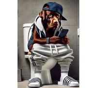 Panneau mural amusant avec labrador chocolat assis sur les toilettes avec téléphone portable - Labrador marron cool - Image amusante de chien animal de salle de bain (pleine couleur, 20,3 x 25,4 cm)
