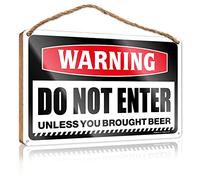 Panneau mural amusant en bois avec inscription « Warning Do Not Enter Unless You Brought Beer » - Décoration de porte d'entrée pour chambre à coucher (15 x 28 cm)