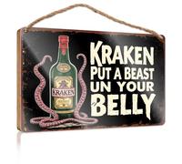 Panneau mural amusant pour salle de bain Kraken Rum : Put A Beast in Your Belly! Panneau en bois Accessoires de bureau pour femme Décoration murale pour homme (15 x 28 cm)