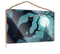 Panneau mural de cuisine « A Black Cat Perches On A Tree Branch Under A Full Moon », avec un château en arrière-plan, panneau de décoration de porte en bois (23 x 35 cm)