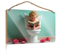Panneau mural de cuisine « A Child With Angel Wings Reading A Book On The Toilet » - Panneau décoratif de porte - Panneau de bienvenue (23 x 35 cm)
