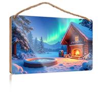 Panneau mural de cuisine « A Cozy Cabin with A Cozy Cabin with A Fireplace and Hot Tub Under The Northern Lights » - Panneau décoratif de porte - Panneau de bienvenue (15 x 28 cm)