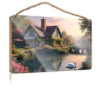 Panneau mural de cuisine « A Picturesque Cottage by A Serene Lake with A Serene Lake with A Swan Floating On The Water Wooded » - Panneau décoratif de porte - Panneau de bienvenue (20 x 30 cm)