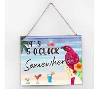 Panneau mural en bois à suspendre avec citation « It's Five O'Clock Somewhere » rétro en bois avec citation rustique, flamant rose tropical, hawaïen, Aloha - Décoration de table pour chambre ou cabine