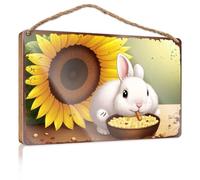 Panneau mural en bois à suspendre - Lapin blanc mangeant du maïs par tournesol - Décoration extérieure amusante - Cadeau de chasse (23 x 35 cm)
