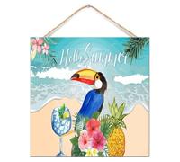 Panneau mural en bois « Hello Summer » - Motif perroquet - Happy Hour - Piscine - Plage - 30,5 x 30,5 cm - Décoration d'intérieur moderne pour maison ou cabine